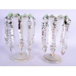 A PAIR OF ANTIQUE OPALINE GLASS TABLE LUSTRES with gilt banding and foliage. 22 cm x 9 cm.