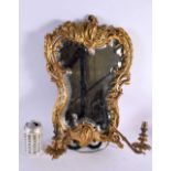 A LARGE ANTIQUE GILT BRONZE HANGING WALL CANDLE STICK MIRROR. 48 cm x 32 cm.