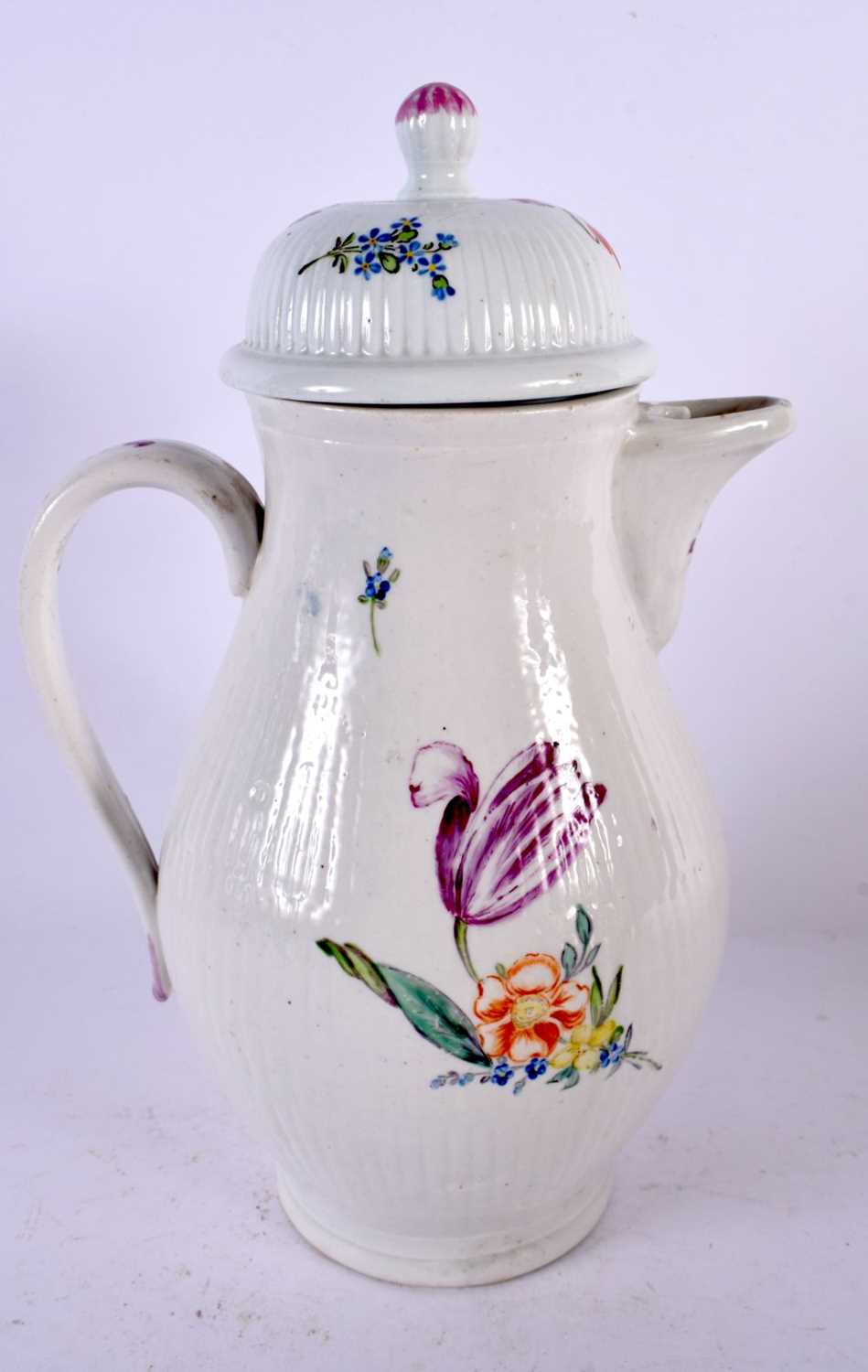 A LARGE 18TH CENTURY CONTINENTAL COFFEE POT AND COVER painted with flowers. 27 cm high. - Image 3 of 5