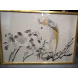 A LARGE 19TH CENTURY CHINESE MARBLE PANEL together with two watercolours and an embroidery of a
