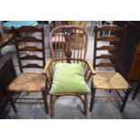 A 19th Century Ash and Elm high back Winsor chair together with two ladder back chairs 10 x 58 x