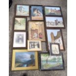 A collection of framed watercolours together with two photographs. Largest 44 x 30cm (12).