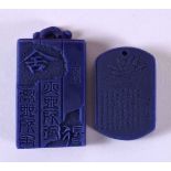 TWO CHINESE CARVED LAPIS LAZULI TYPE PENDANTS 20th Century. Largest 5 cm x 3.5 cm. (2)