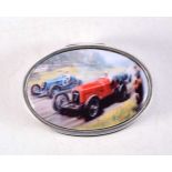 A SILVER RACING CAR PILL BOX. 19 grams. 3.75 cm x 2.5 cm.