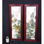 A Chinese pair of porcelain panels, depicting landscape scenery. 81 cm 29 cm.