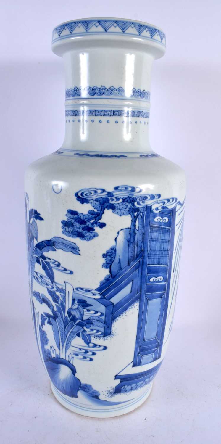A LARGE CHINESE BLUE AND WHITE PORCELAIN ROULEAU VASE probably 19th century, painted with figures in - Image 3 of 5