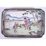 A GOOD 18TH CENTURY CHINESE EUROPEAN SUBJECT CANTON ENAMEL TRAY Qianlong, painted with three