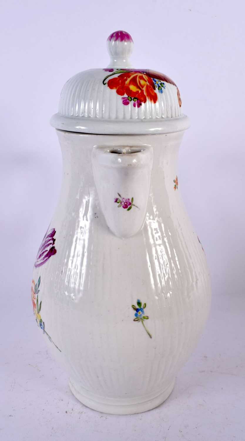 A LARGE 18TH CENTURY CONTINENTAL COFFEE POT AND COVER painted with flowers. 27 cm high. - Image 2 of 5