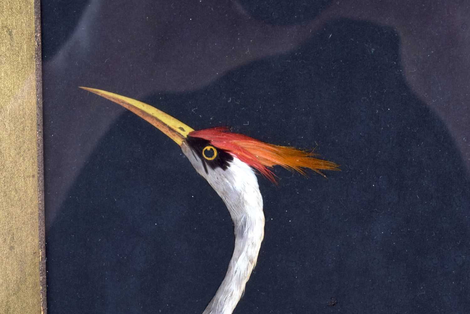 AN UNUSUAL ANTIQUE CONTINENTAL FEATHER WORK GOUACHE PAINTING depicting a stork within a landscape. - Image 2 of 5