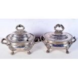 A PAIR OF EARLY 19TH CENTURY ENGLISH SILVER PLATED TUREENS AND COVERS. 1822 grams. 21 cm x 15.5 cm.