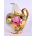 Royal Worcester jug painted with Hadley style roses by A. Lane, signed, date code for 1912, shape
