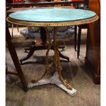 A LOVELY MID 19TH CENTURY PAINTED CAST IRON TABLE with imitation malachite metal top. 72 cm x 75