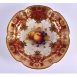 Royal Worcester deep dish painted with fruit under a criimson and gilt border by A. Shuck, signed,