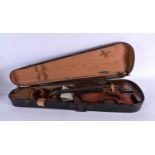 A CASED TWO PIECE BACK VIOLIN WITH BOW by William Kiddie of Kirkcaldy. 58.5 cm long, length of