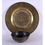 A LARGE 19TH CENTURY CHINESE ENGRAVED BRONZE DRAGON DISH together with a similar bowl. Largest 25 cm
