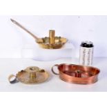 A collection of early brass and copper night stick candle holders largest 12 x 30 cm.(3).