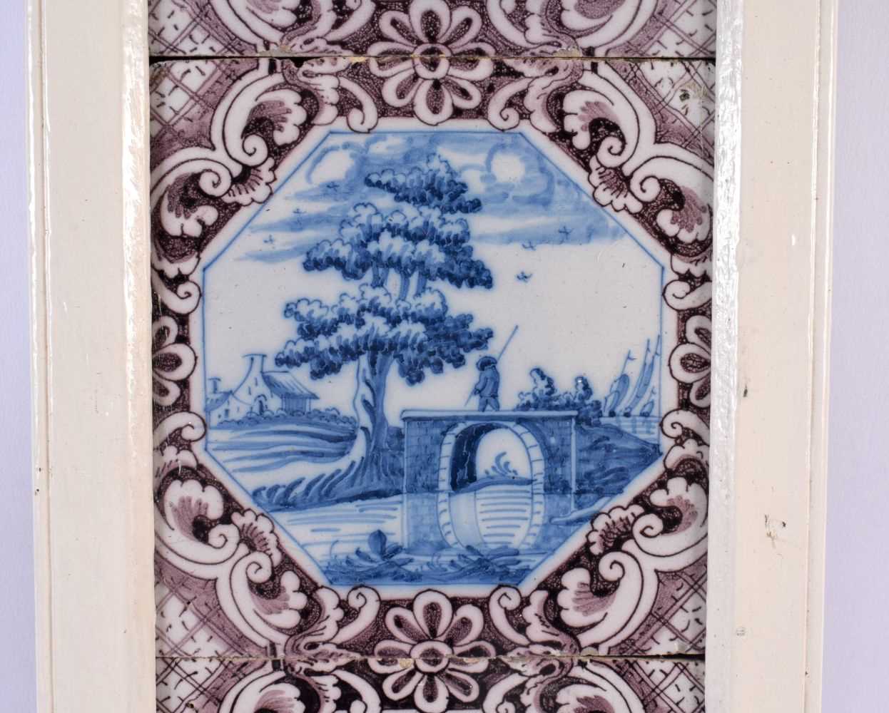 A SET OF THREE 18TH CENTURY DUTCH DELFT MANGANESE BLUE AND WHITE TILES. 42 cm x 15 cm. - Image 3 of 5