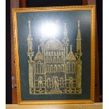 A framed gold thread picture of a mosque. 49 x 39cm.