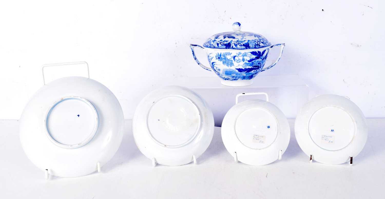 A RARE 19TH CENTURY WEDGWOOD BLUE AND WHITE SOUP BOWL ON STAND together with saucers. Largest 16 - Image 2 of 3