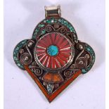 A TIBETAN SILVER CORAL AND TURQUOISE PENDANT. 51 grams. 8 cm x 6.5 cm.