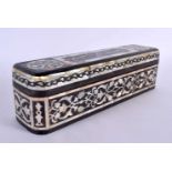 A TURKISH OTTOMAN MOTHER OF PEARL TORTOISESHELL AND CARVED WOOD BOX decorated with scripture. 27