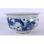A 19TH CENTURY CHINESE BLUE AND WHITE CENSER painted with dragons. 19 cm diameter.
