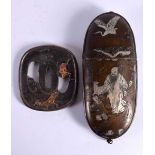 A JAPANESE TAISHO PERIOD MIXED METAL SPECTACLE CASE together with a mixed metal tsuba. Largest 15.