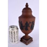 A 19TH CENTURY WEDGWOOD ANTICO ROSSO REDWARE POTTERY VASE AND COVER decorated with classical