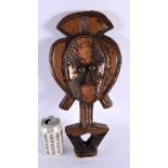 A VINTAGE TRIBAL CARVED WOOD COPPER MOUNTED FIGURE. 42 cm x 18 cm.