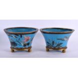 A PAIR OF 19TH CENTURY JAPANESE MEIJI PERIOD CLOISONNE ENAMEL PLANTERS decorated with birds in