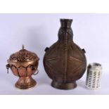 AN ANTIQUE COPPER TIBETAN CENSER AND COVER together with a large bronze vase. Largest 32 cm x 10 cm.