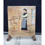 An antique wood and embroidery fire screen depicting a Chinese male 82 x 67 cm.