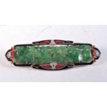 AN ART DECO 14CT GOLD ENAMEL JADE AND DIAMOND BROOCH. 8.2 grams. 5.25 cm x 1.75 cm.