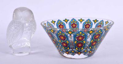 A FRENCH LALIQUE GLASS OWL together with an enamelled Lobmeyr style bowl. Largest 13 cm diameter. (