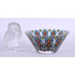 A FRENCH LALIQUE GLASS OWL together with an enamelled Lobmeyr style bowl. Largest 13 cm diameter. (