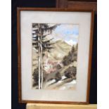 A framed watercolour of a mountainous Alpine scene painted by Karl Schiller 1945. 29 x 19cm.
