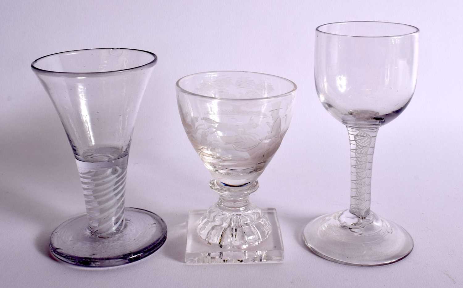 THREE ANTIQUE WINE GLASSES. Largest 13 cm high. (3)