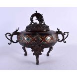 A 19TH CENTURY JAPANESE MEIJI PERIOD BRONZE CHAMPLEVE ENAMEL CENSER AND COVER decorated with