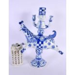 A DANISH BLUE AND WHITE FIGURAL CANDLESTICK. 32 cm x 18 cm.