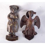 TWO ANTIQUE BRONZE DOOR KNOCKERS. 8.25 cm x 2.75 cm. (2)