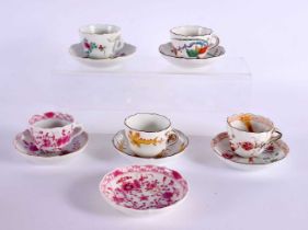 FIVE GERMAN MEISSEN PORCELAIN CUPS AND SAUCERS together with another saucer. (11)