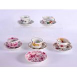 FIVE GERMAN MEISSEN PORCELAIN CUPS AND SAUCERS together with another saucer. (11)