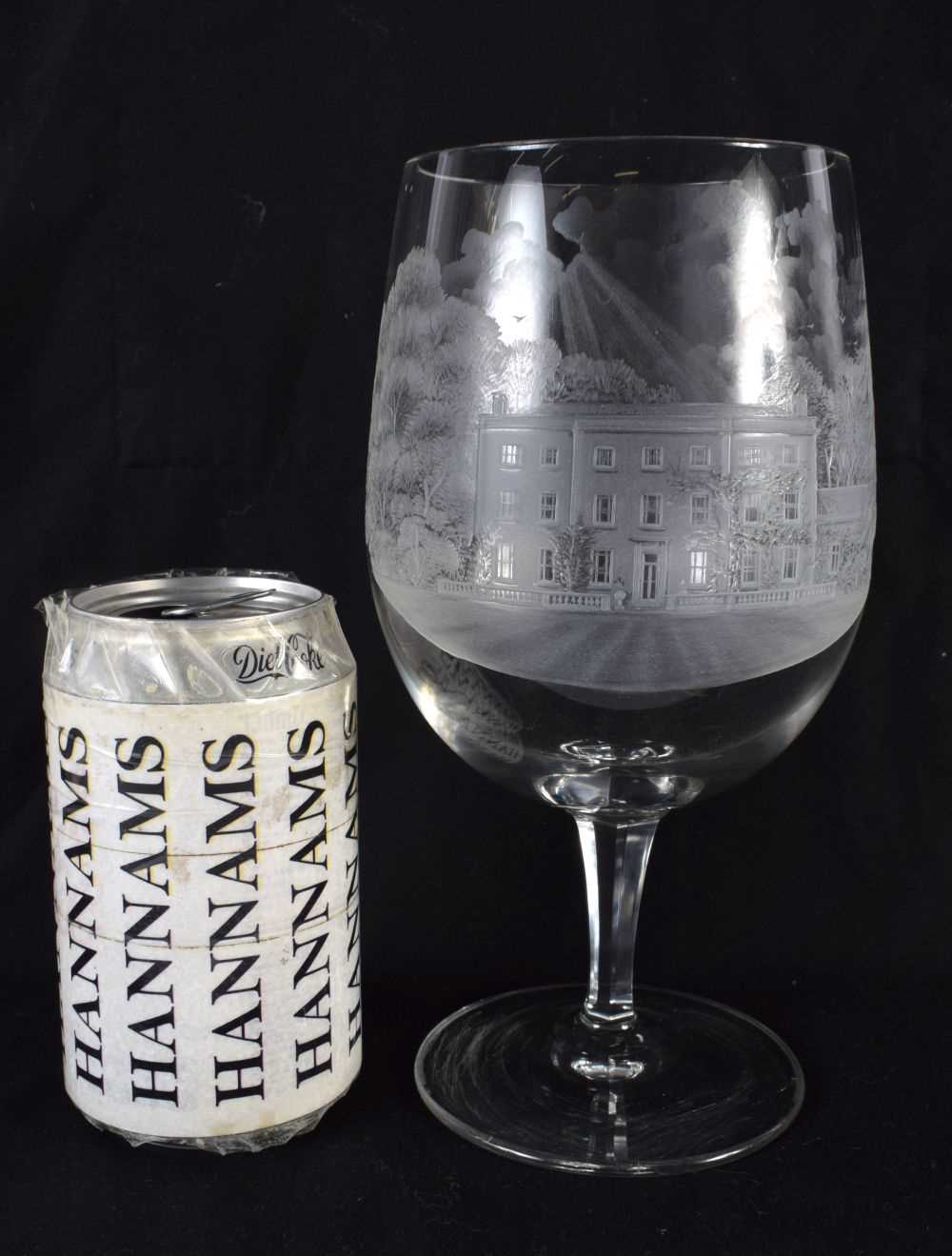 AN ENGRAVED GLASS COUNTRY HOUSE GOBLET. 21 cm x 9 cm.