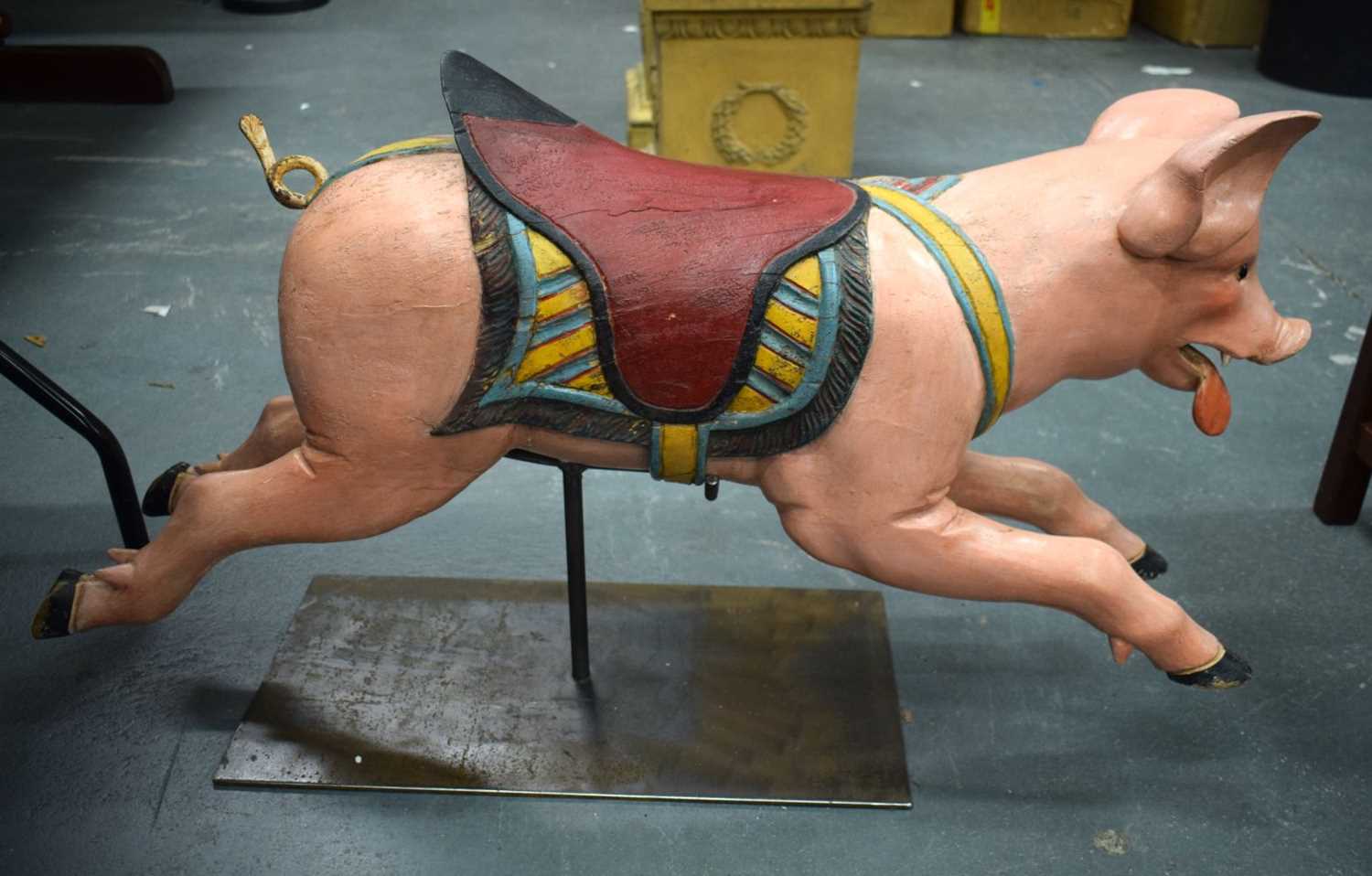 A CHARMING EARLY 20TH CENTURY CARVED AND PAINTED CAROUSEL PIG Attributed to Gustave Bayol. 85 cm x - Image 4 of 9