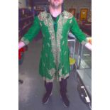 AN INDIAN SILVER THREAD GREEN SILK PEACOCK ROBE. 110 cm x 115 cm.