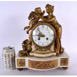 A LARGE 19TH CENTURY FRENCH GILT BRONZE AND WHITE MARBLE MANTEL CLOCK formed with a female and putti