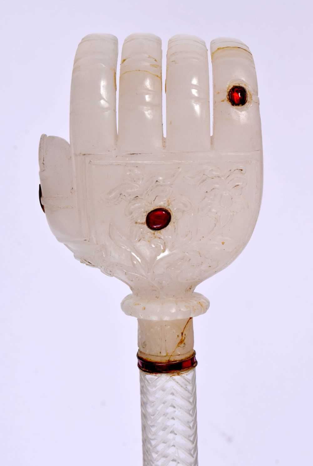 A LARGE RARE EARLY 20TH CENTURY MIDDLE EASTERN WHITE JADE ROCK CRYSTAL AND RUBY SCEPTRE possibly a - Image 10 of 11