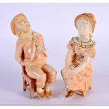 19th century Royal Worcester pair of figures of two children seated on a chair, decorated with blush