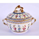 Sevres twin handled sugar bowl and cover with alternating blue and pink floral sprays interlaced L’s