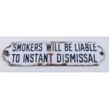 AN ANTIQUE ENAMELLED RAILWAY CARRIAGE SMOKERS SIGN. 15 cm x 4 cm.
